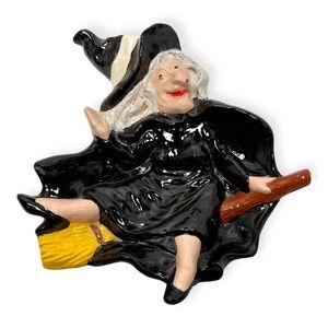 Vintage 1983 Nowell Mold Ceramic Halloween Witch on Broom Trinket Catchall Dish